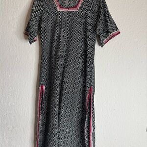 Chic Bohemian Black and White Patterned Dress with Red Accents and Tribal prints